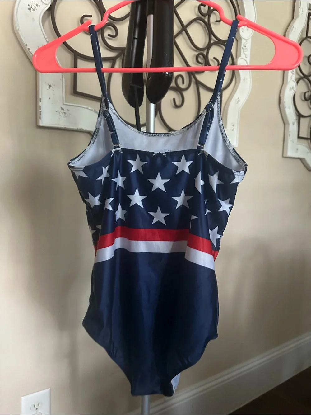 Navy Star-Print One-Piece Swimsuit with Red and White Stripe